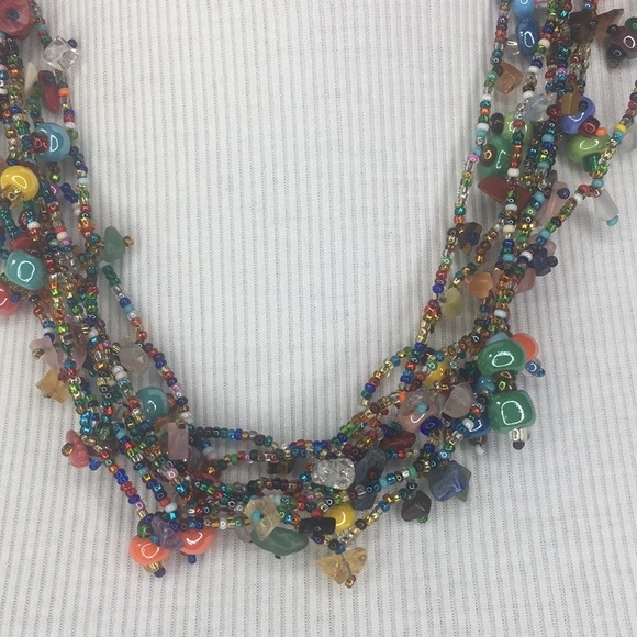 Artisanal Multi-layer seed bead glass stone chip necklace 7 strands multi-color - Picture 3 of 9